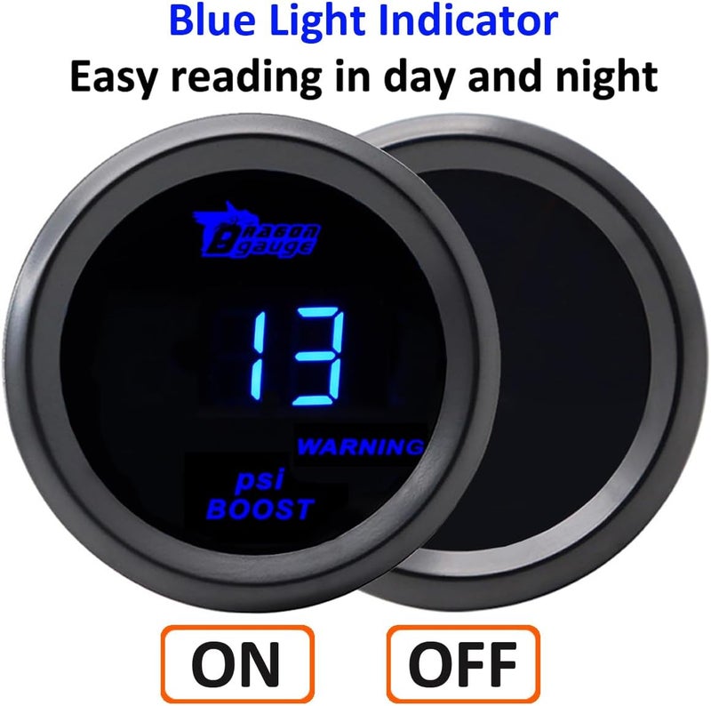 LKRXW Car Boost Gauge 12V Auto Boost Psi Gauge 2" 52mm Turbo Boost Gauges Meter Digital Blue Light Instruments -30-0 - 30 Psi Smoke Tint Len with Sensor - Image 5
